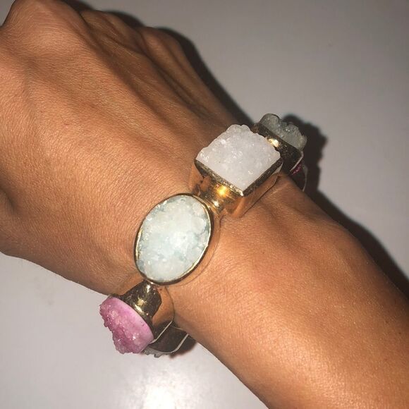 Natural druzy multicolor gold bangle